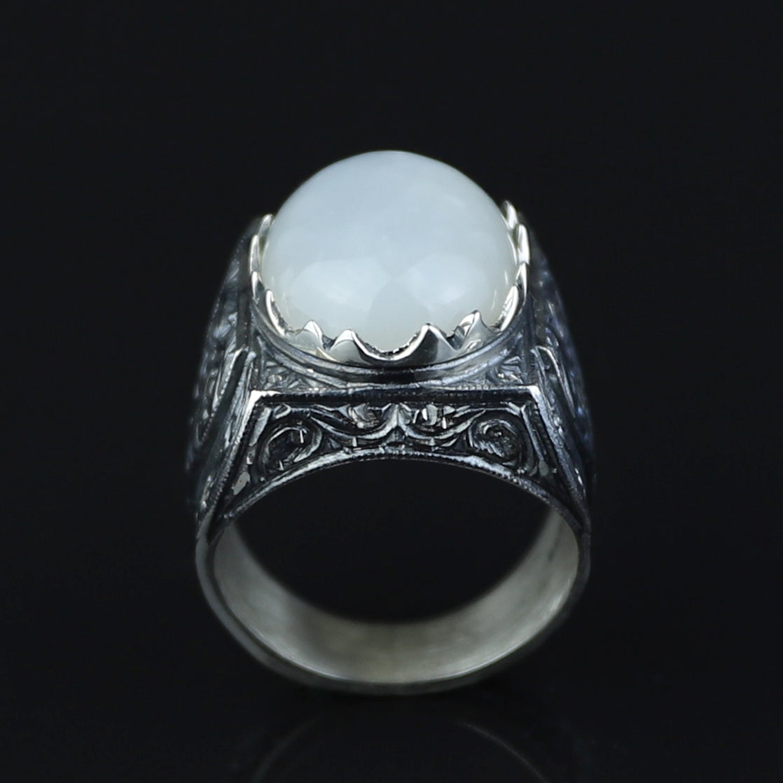 Men Handmade Natural Moonstone Gemstone Engraved Silver Ring