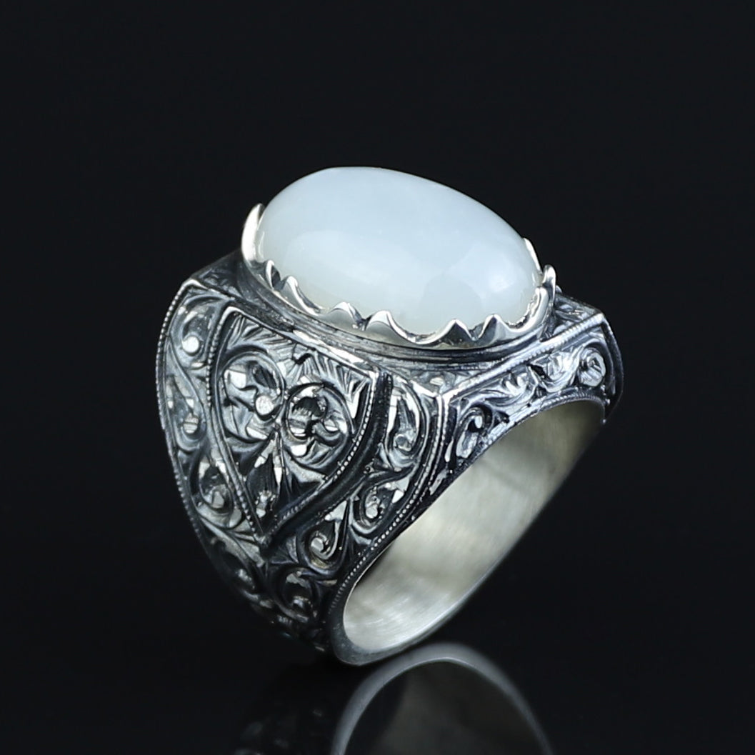 Men Handmade Natural Moonstone Gemstone Engraved Silver Ring