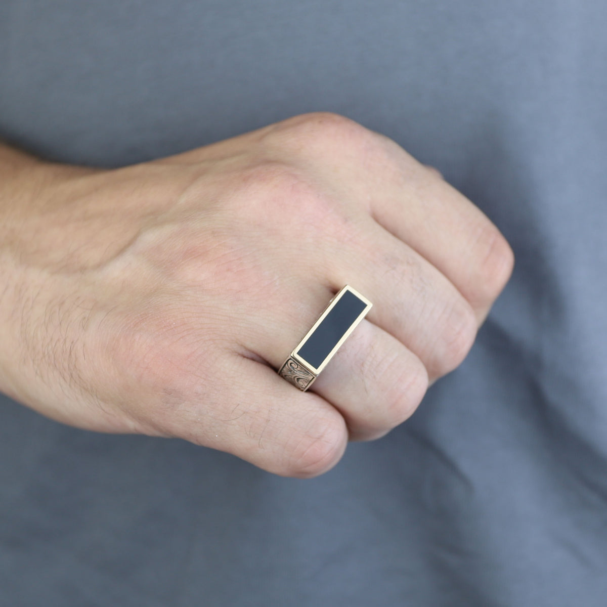 925 Sterling Silver Men’s Black Onyx Signet Ring, Rectangular Engraved Statement Ring, Turkish Handmade Jewelry