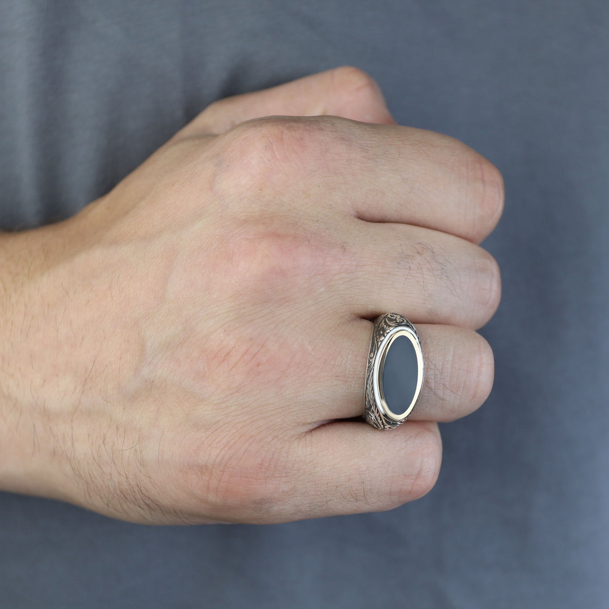 925 Sterling Silver Black Onyx Ring for Men, Vintage Oval Black Stone Signet Ring, Engraved  Style Statement Ring, Intricate Floral Side Design