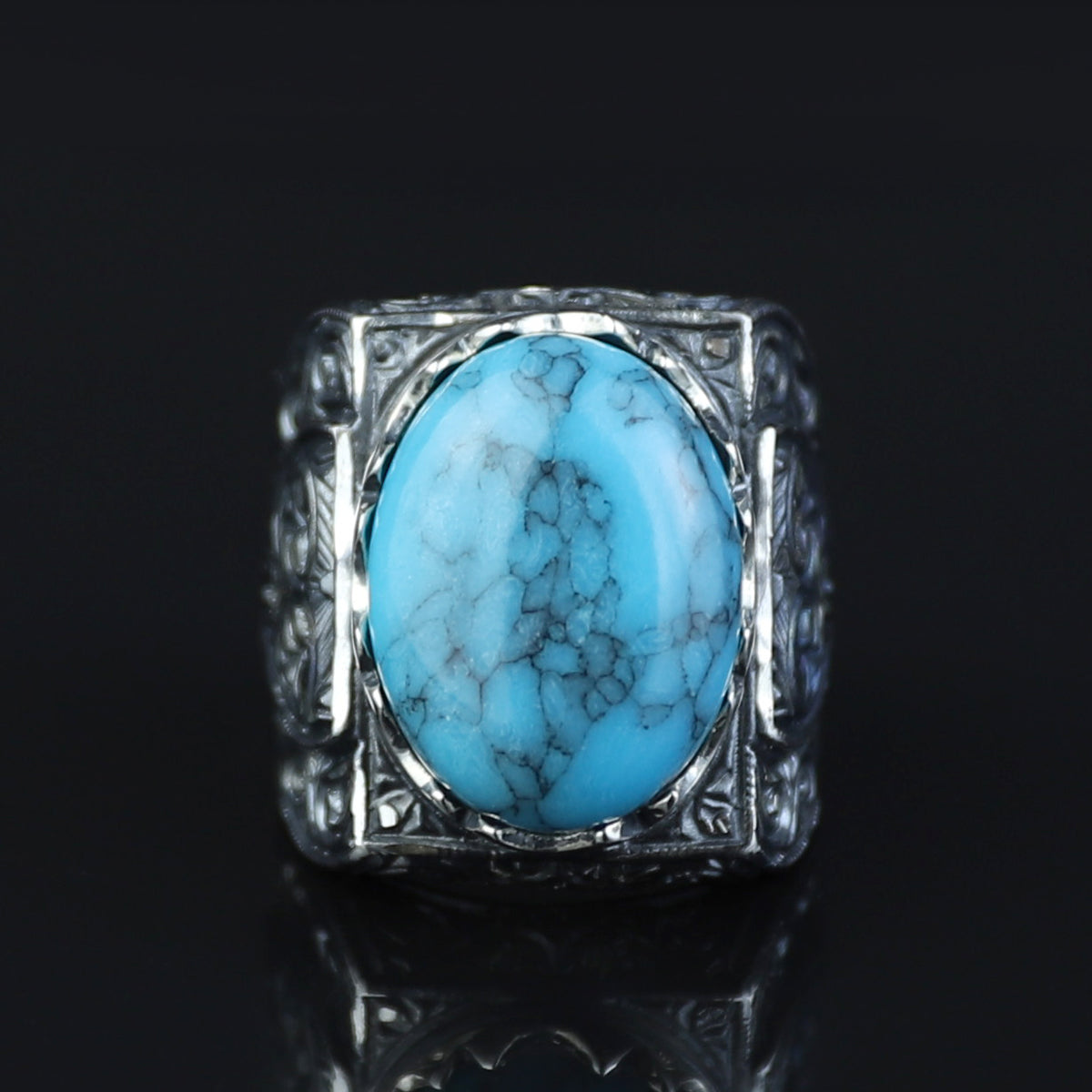 Men Handmade Hand-Engraved Blue Turquoise Gemstone Ring