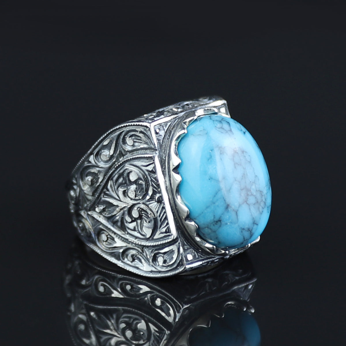 Men Handmade Hand-Engraved Blue Turquoise Gemstone Ring