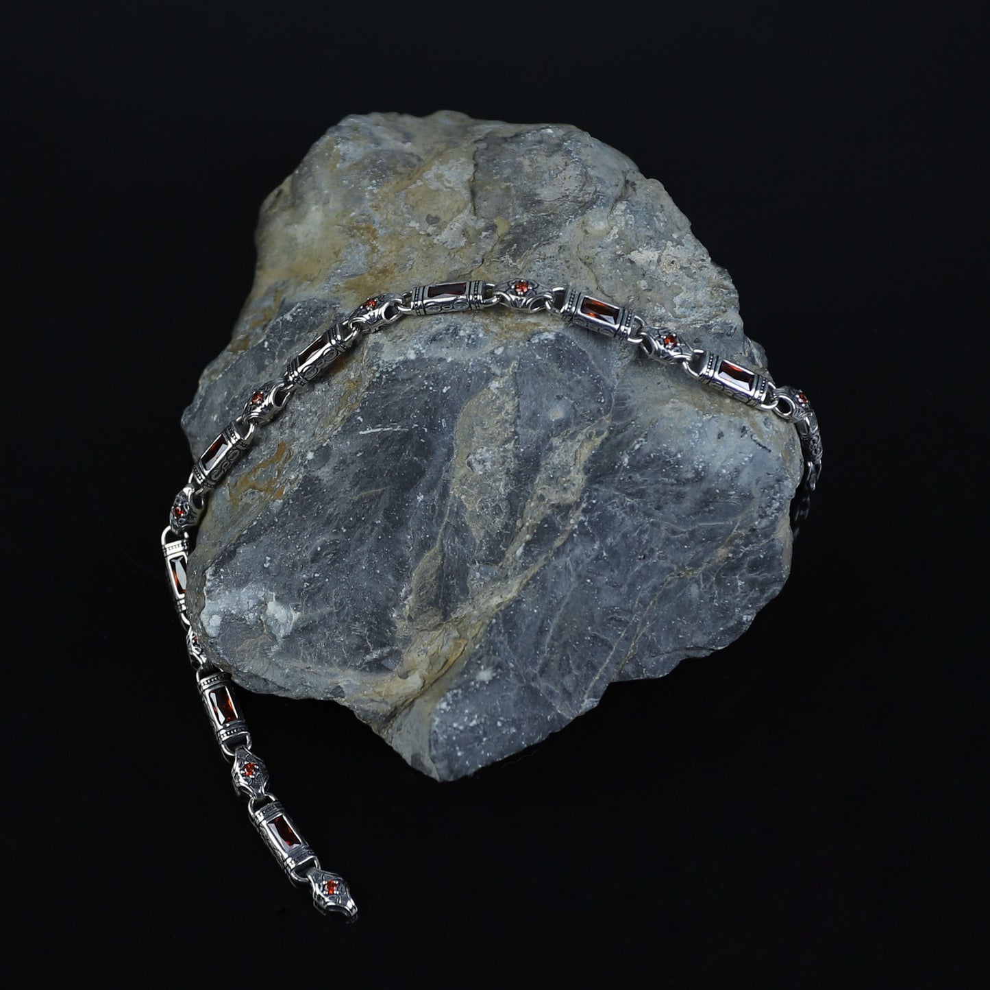 Men Silver Ruby Hand-Engraved Byzantine Chain Bracelet Ruby Link Chain Men Bracelet