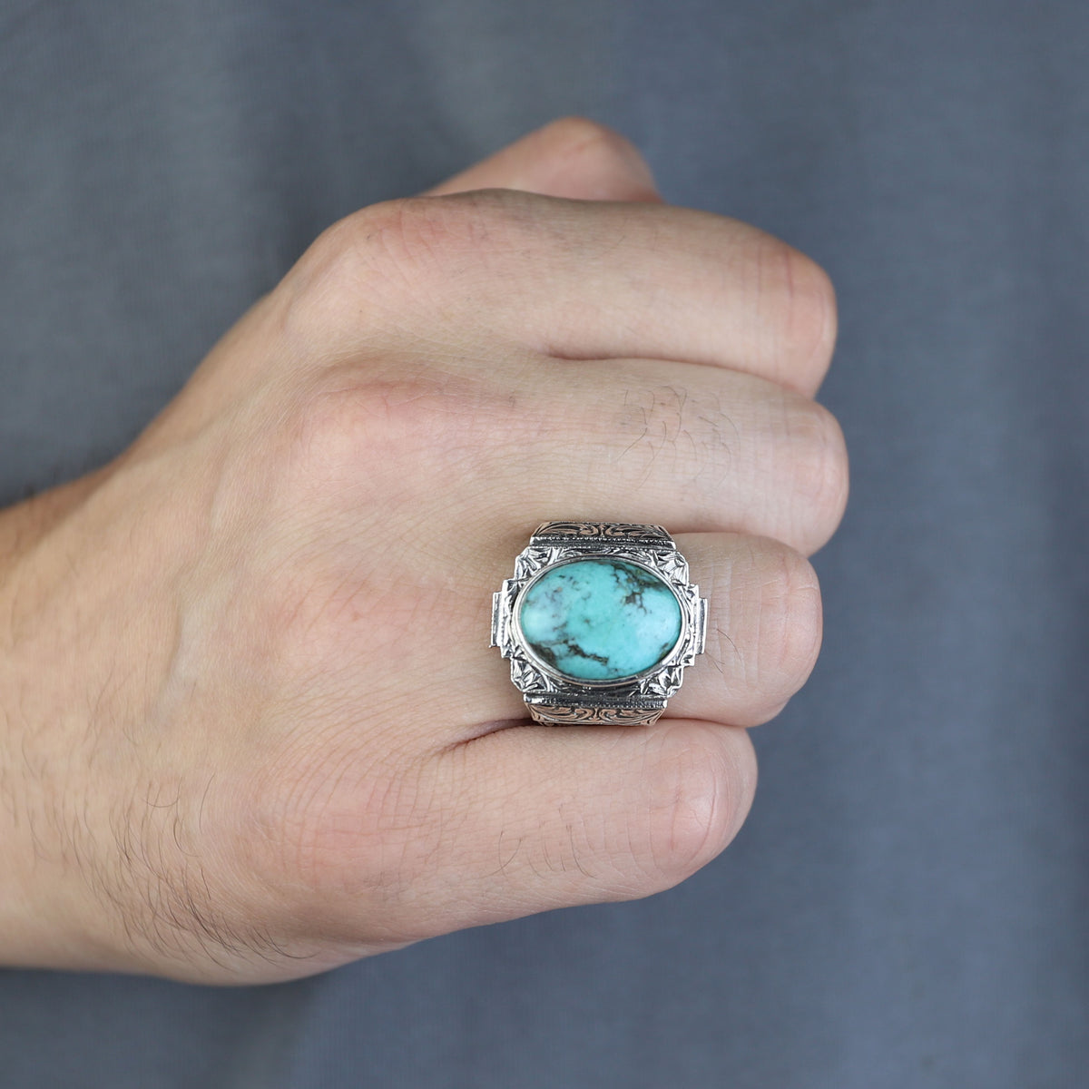 925 Sterling Silver Turquoise Ring for Men, Natural Turquoise Oval Gemstone Signet Ring, Vintage Engraved Statement Ring, Intricate Floral Filigree Design