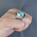 925 Sterling Silver Turquoise Ring for Men, Natural Turquoise Oval Gemstone Signet Ring, Vintage Engraved Statement Ring, Intricate Floral Filigree Design