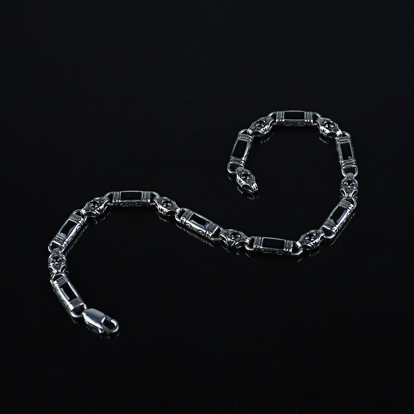 Men Silver Engraved Onyx Gemstone Byzantine Chain