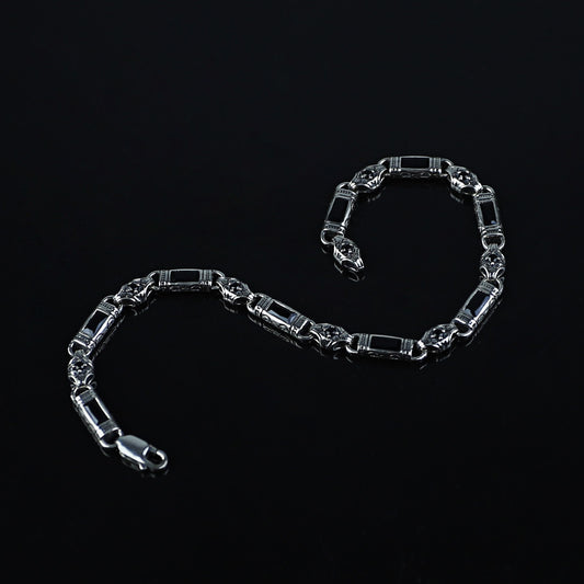 Men Silver Engraved Onyx Gemstone Byzantine Chain