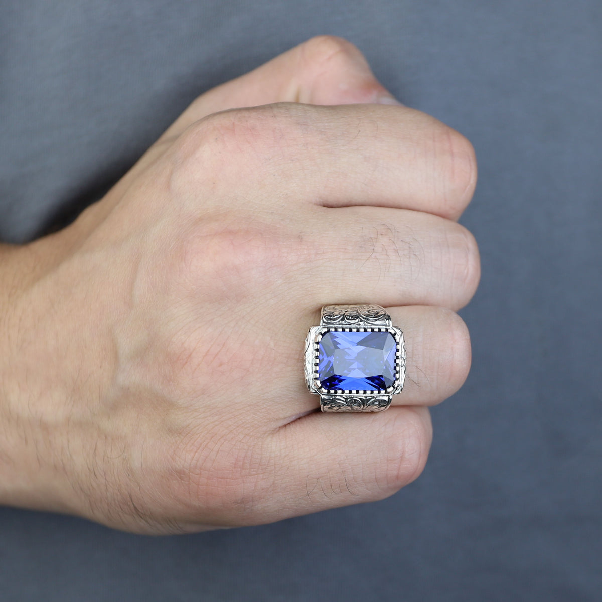 925 Sterling Silver Blue Sapphire Ring , Octogon Blue Gemstone Signet Ring, Vintage Engraved Statement Ring, Intricate Floral Filigree Design