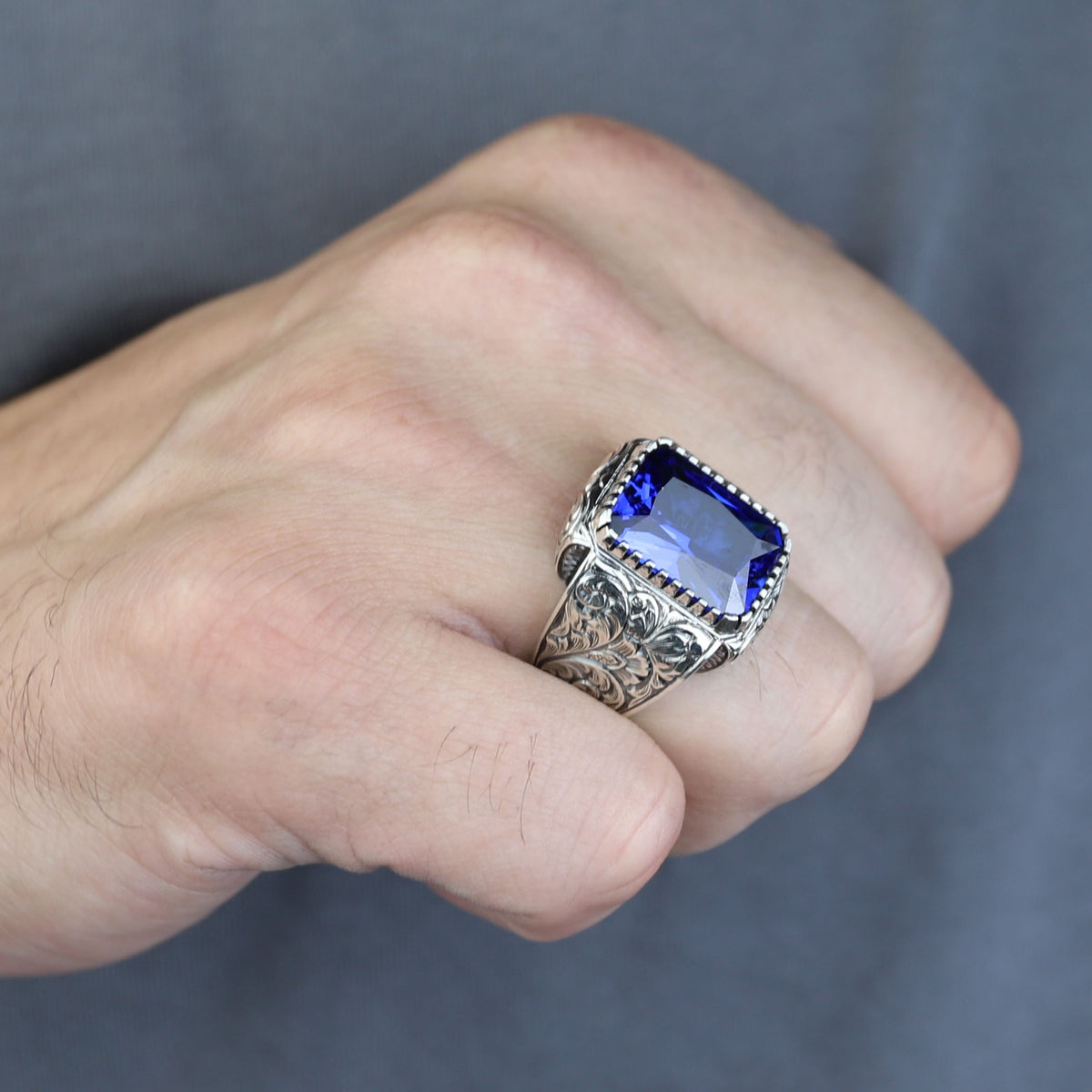 925 Sterling Silver Blue Sapphire Ring , Octogon Blue Gemstone Signet Ring, Vintage Engraved Statement Ring, Intricate Floral Filigree Design