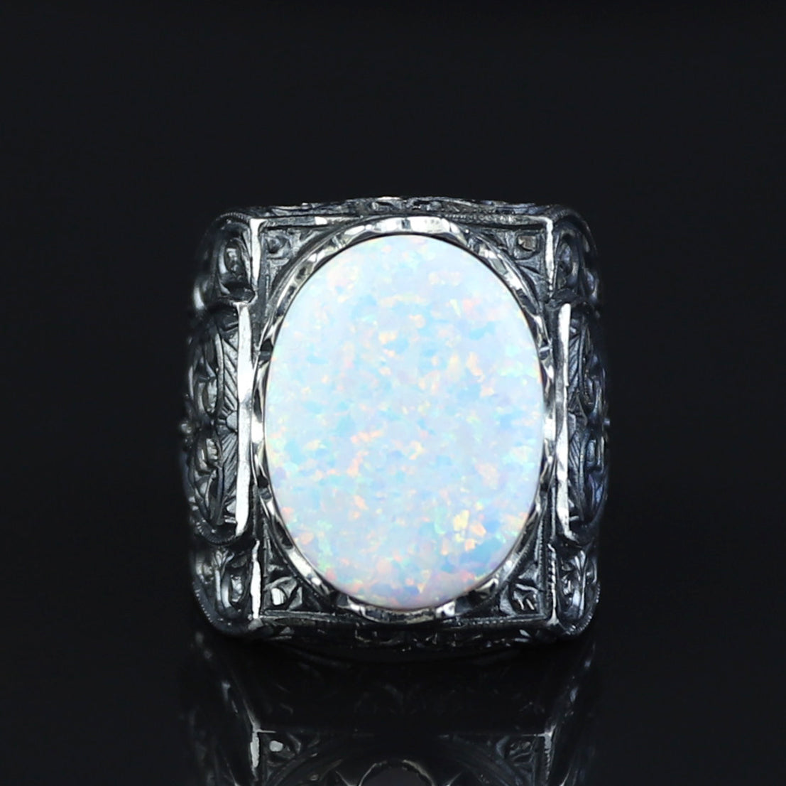 Men Handmade Natural White Opal Gemstone Engraved Ring