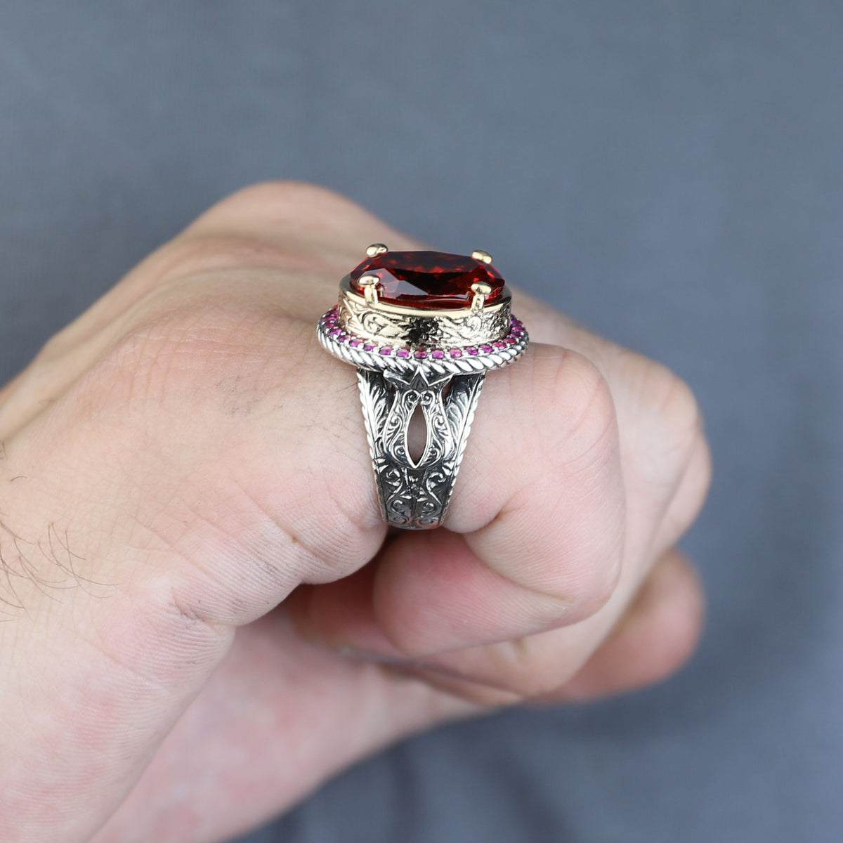 925 Sterling Silver Men’s Red Garnet Ring, Oval Red Gemstone Statement Ring, Vintage Turkish Style Ring
