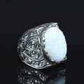Men Handmade Natural White Opal Gemstone Engraved Ring