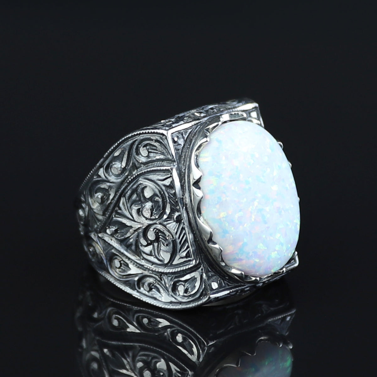 Men Handmade Natural White Opal Gemstone Engraved Ring