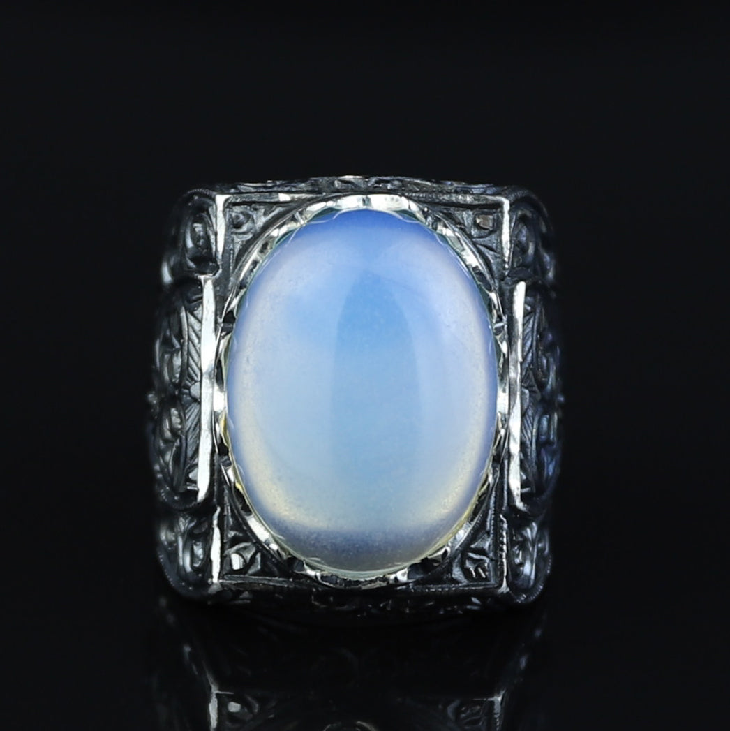 Men Handmade Moonstone Engraved Gemstone Silver Ring