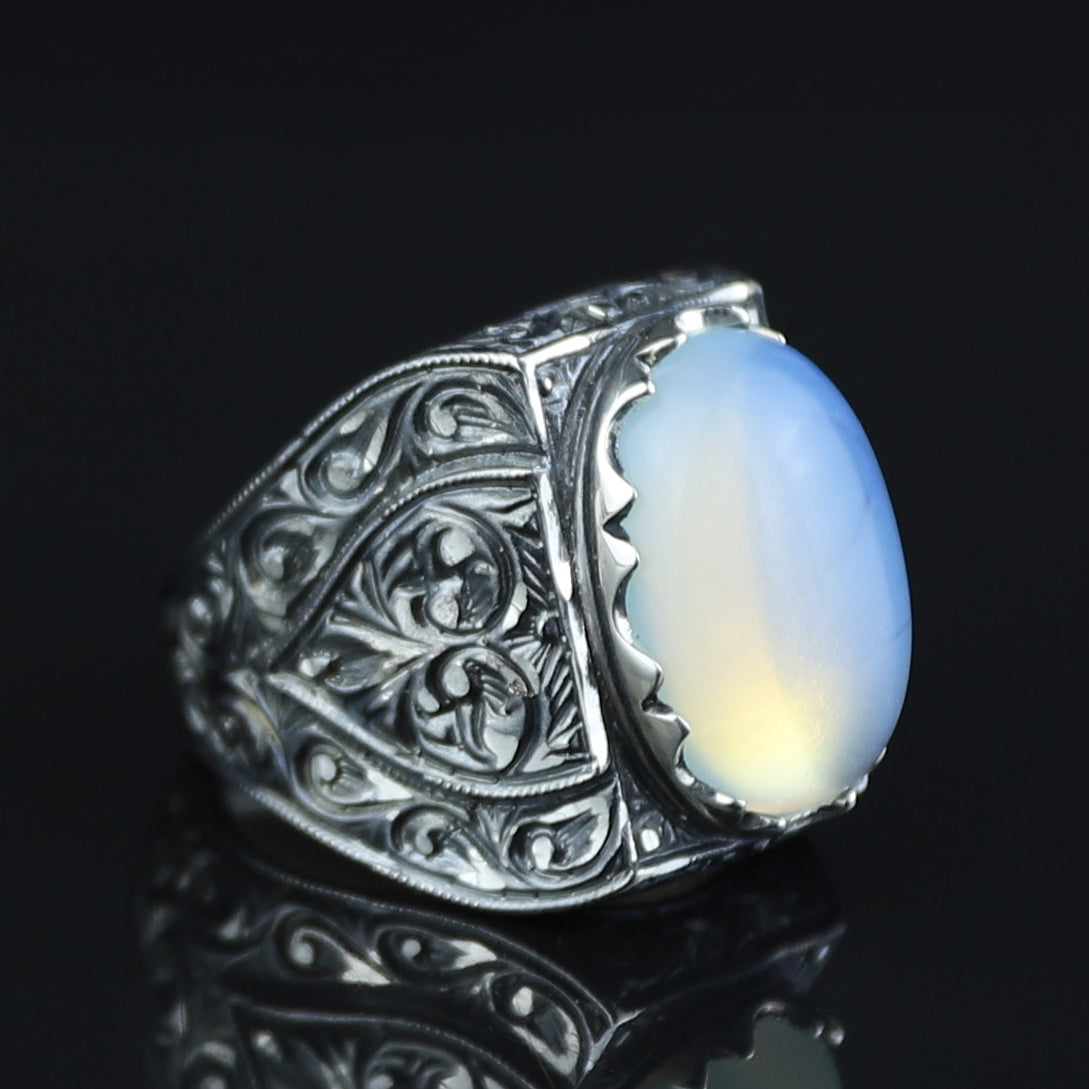 Men Handmade Moonstone Engraved Gemstone Silver Ring