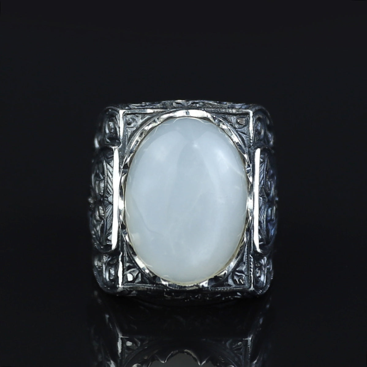 Men Handmade Natural Moonstone Gemstone Engraved Silver Ring