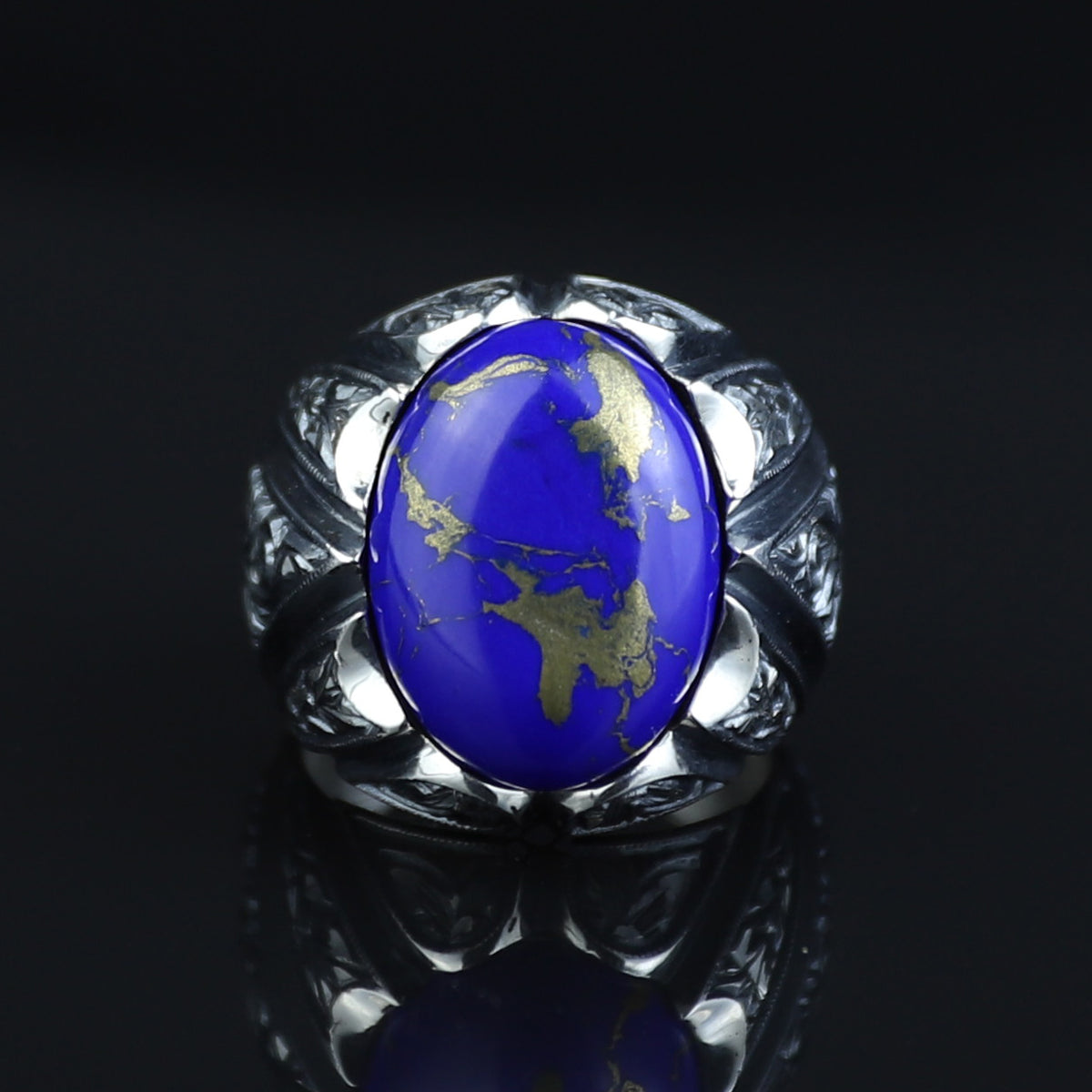Men Handmade Turkish Engraved Blue Lapis Lazuli Gemstone Silver Ring