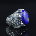Men Handmade Turkish Engraved Blue Lapis Lazuli Gemstone Silver Ring