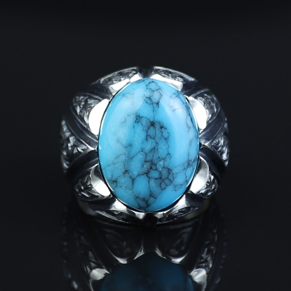 Men Handmade Sterling Silver Oval Floral Engraved Turquoise Gemstone Ring