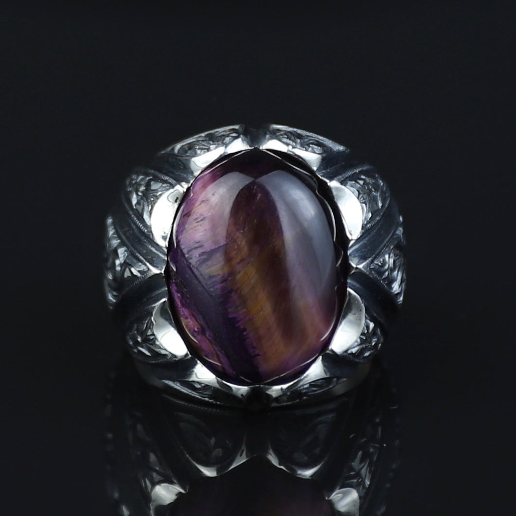 Men Handmade Purple Tiger Eye Gemstone Ottoman Style Engraved Ring