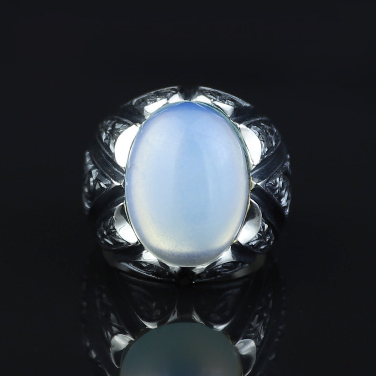 Men Handmade Rainbow Moonstone Engraved Turkish Handmade Ring