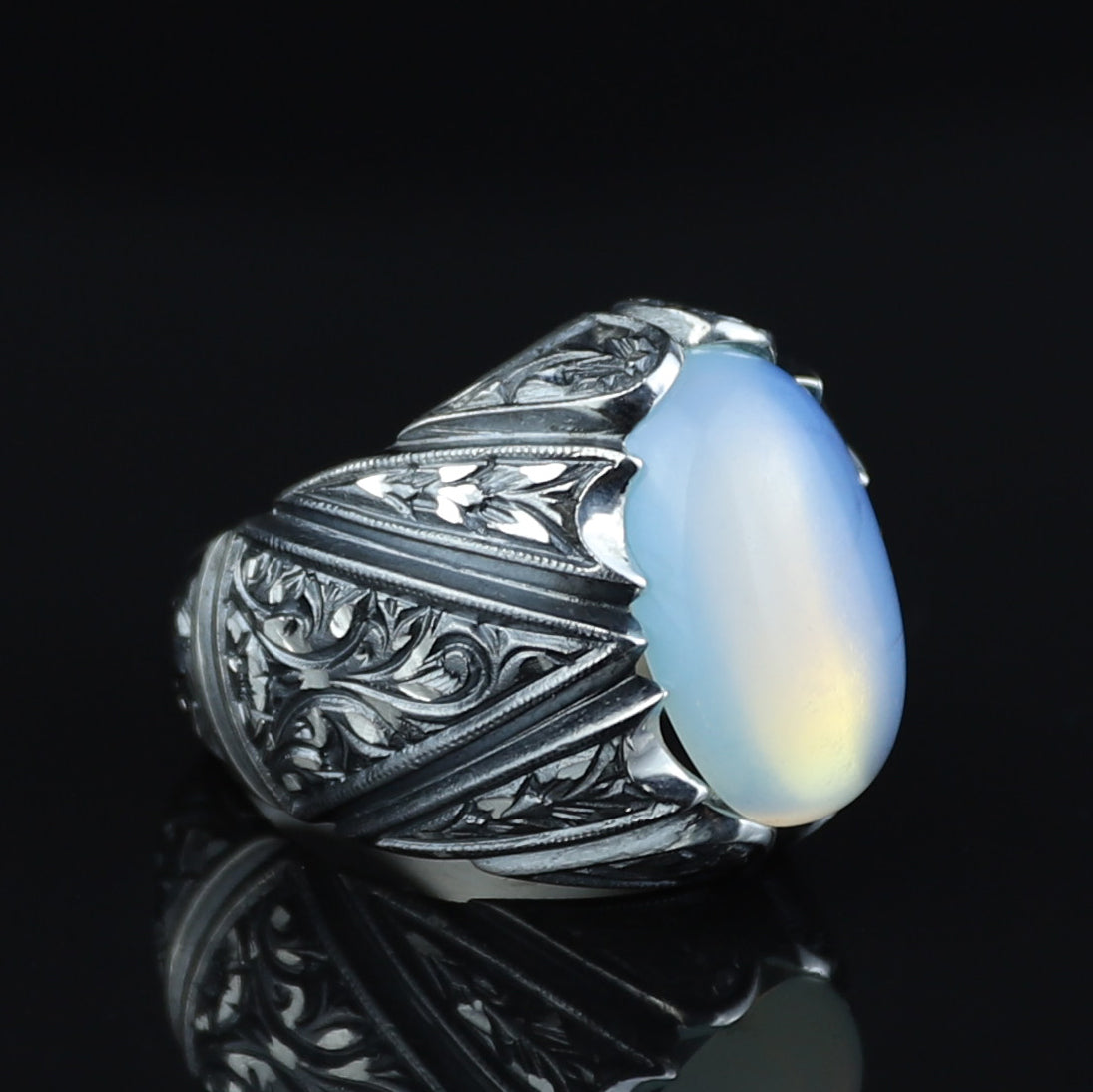 Men Handmade Rainbow Moonstone Engraved Turkish Handmade Ring