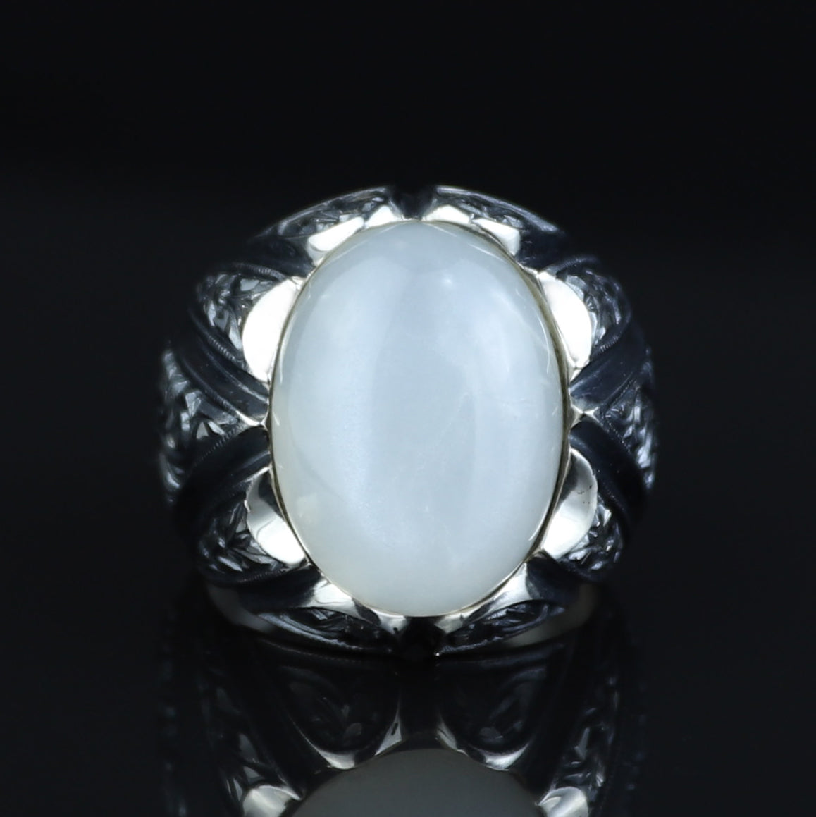 925 Silver Turkish Engraved Oval Rainbow Moonstone Ring