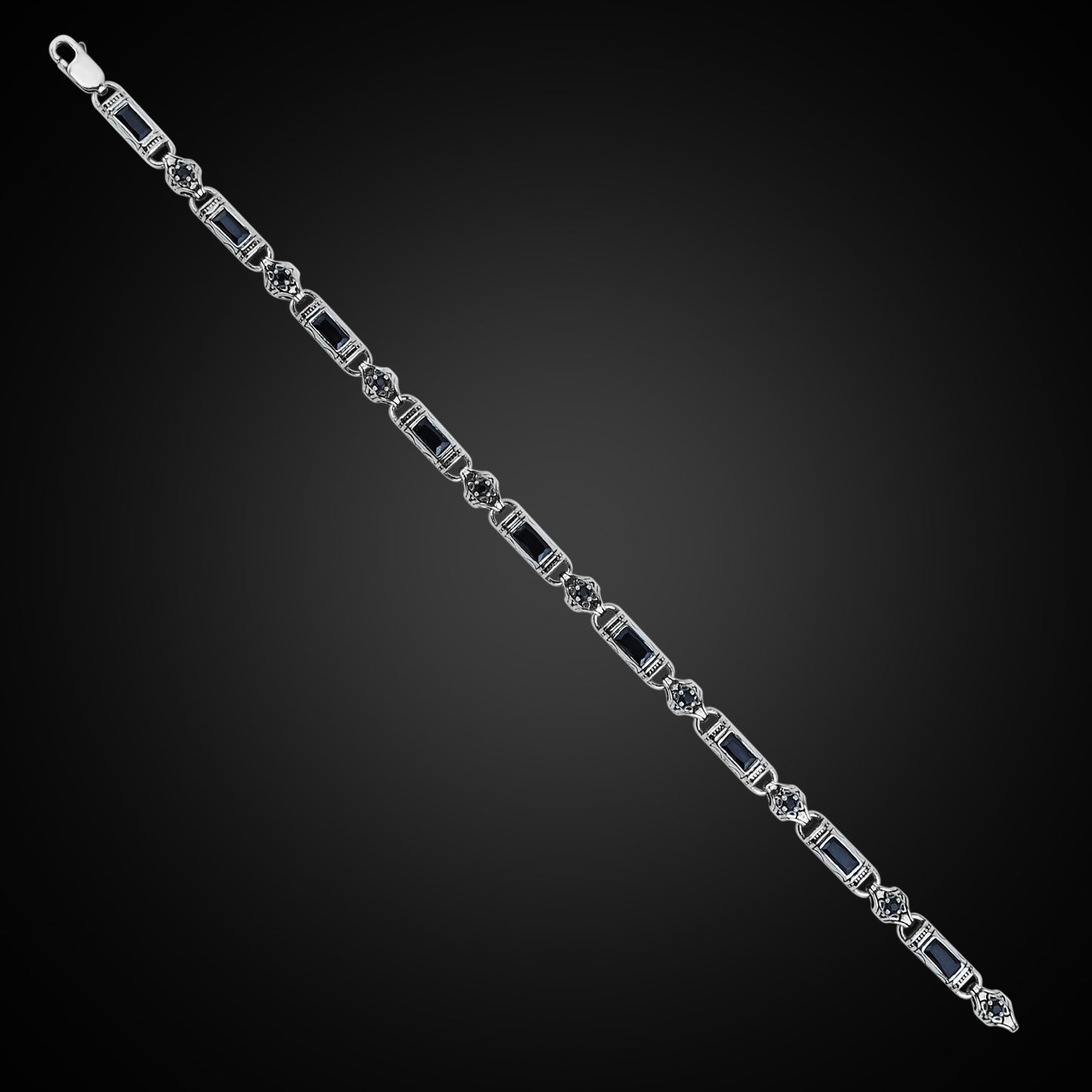 Men Silver Engraved Onyx Gemstone Byzantine Chain