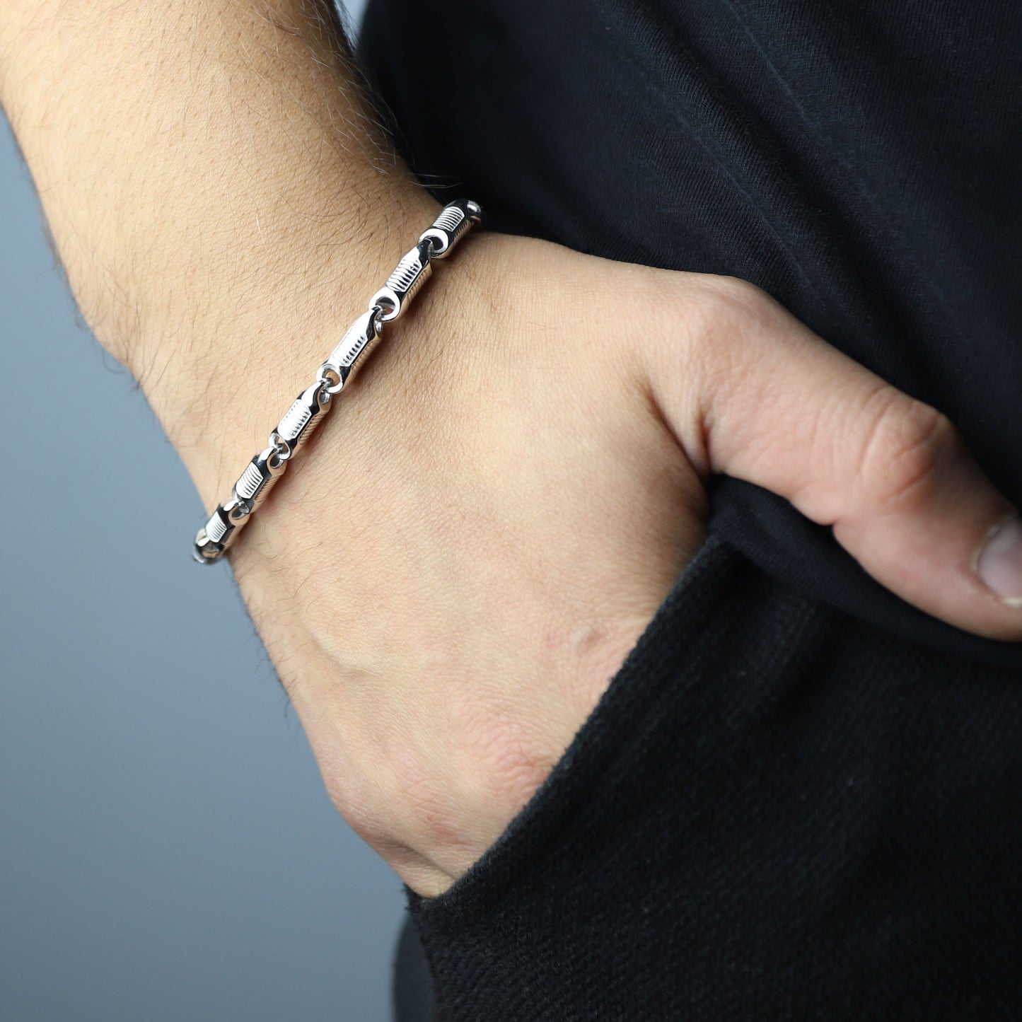 Men Solid Silver Handmade Round Viking Chain Bracelet