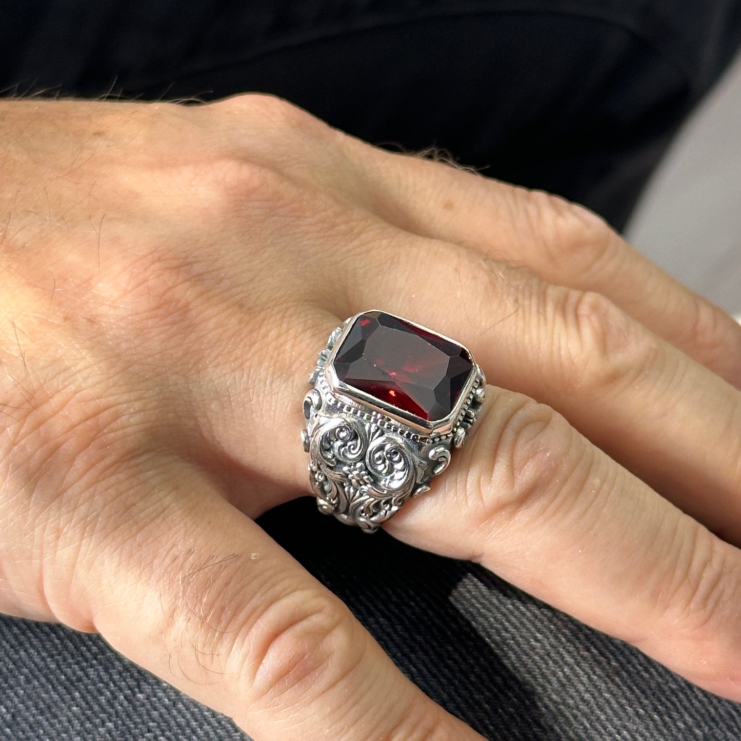 Men Silver Handmade Garnet Ruby Stone Engraved Ring