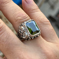 Men Silver Ottoman Style Green Peridot Gemstone Ring