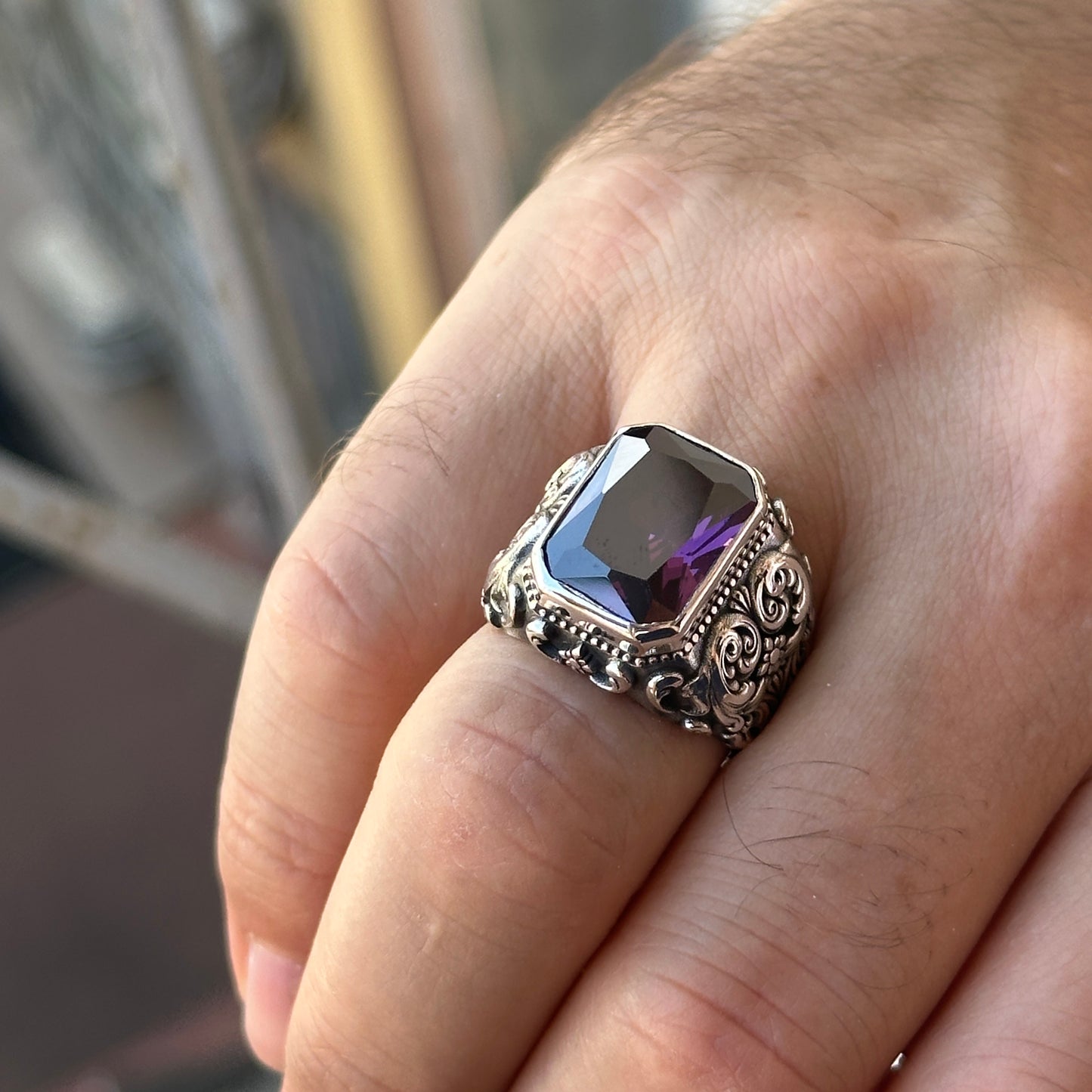 Men Silver Handmade Engraved Square Amethyst Ring