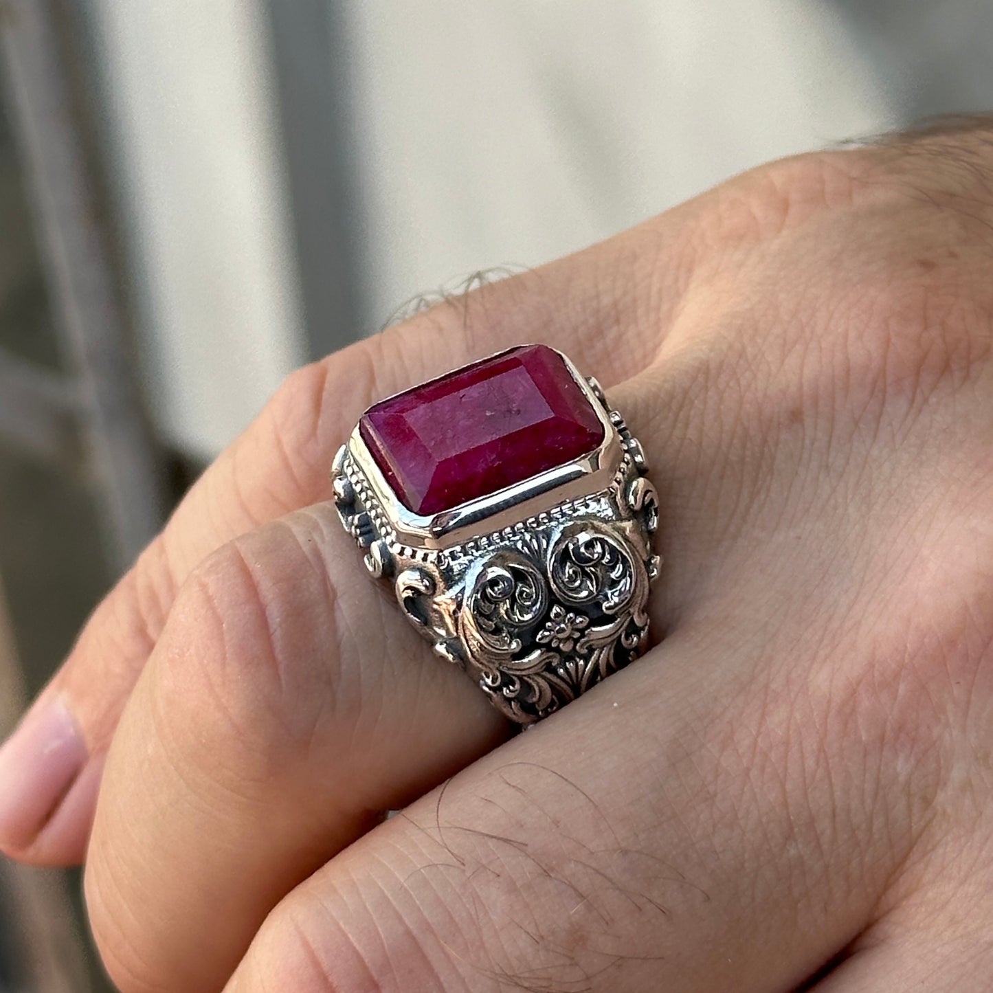 Men Silver Handmade Natural Ruby Stone Engraved Ring