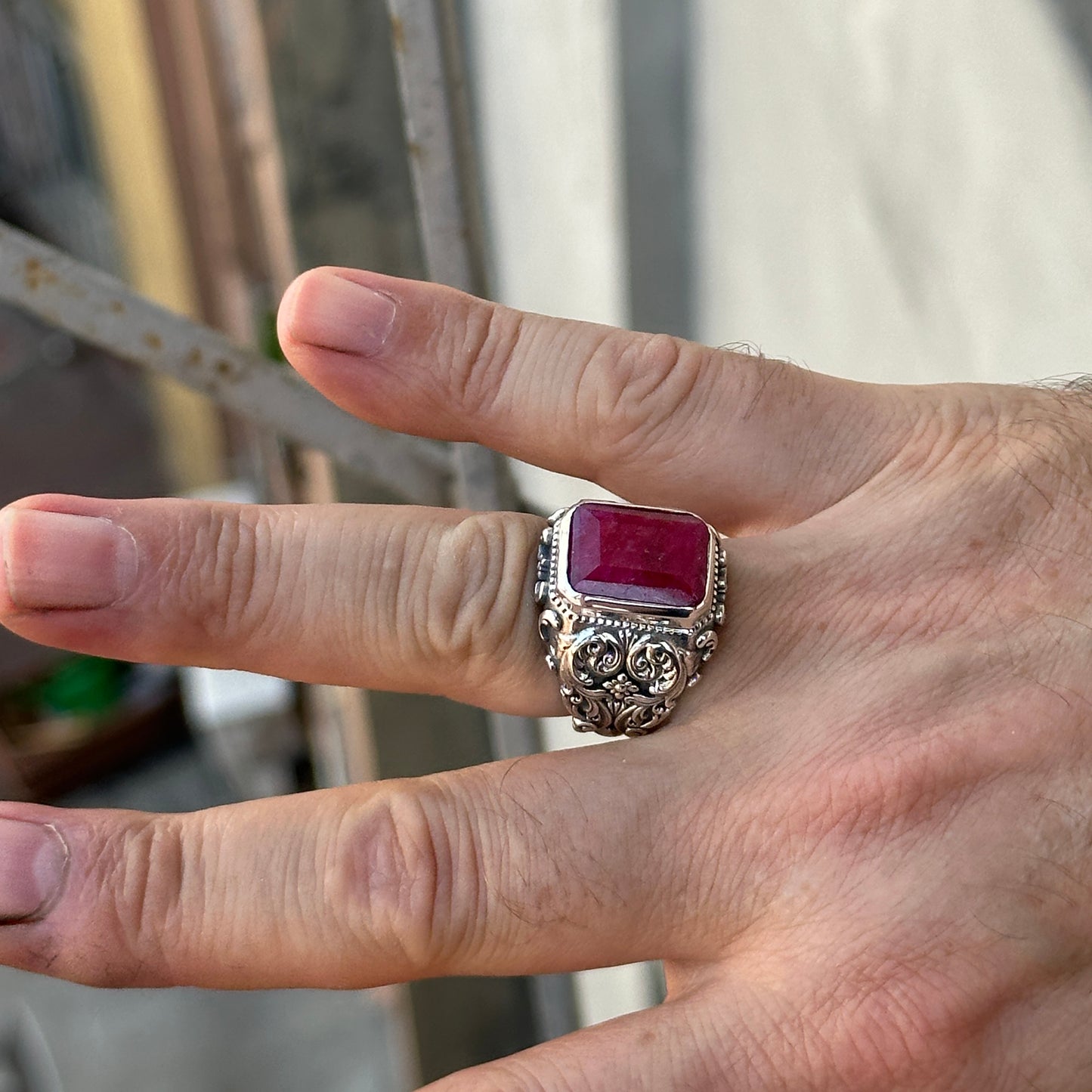 Men Silver Handmade Natural Ruby Stone Engraved Ring