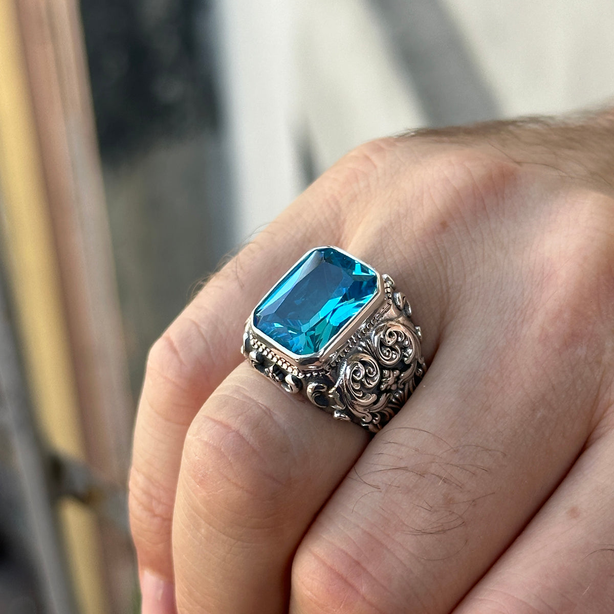 Anillo de plata hecho a mano con aguamarina grabada para hombre (Envío exprés) 