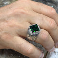 Men Engraved Emerald Gemstone Square Cut Green Stone Ring