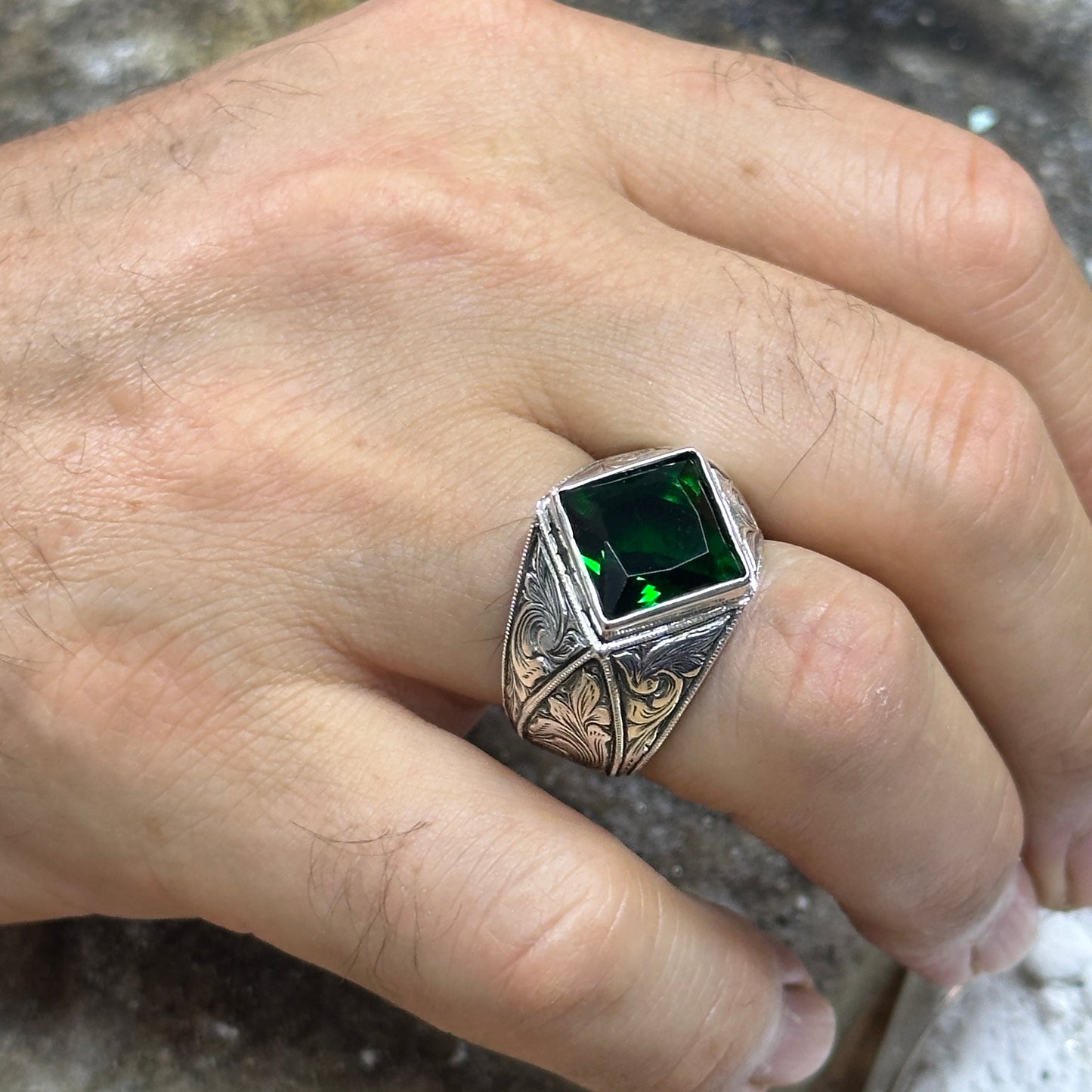 Men Engraved Emerald Gemstone Square Cut Green Stone Ring