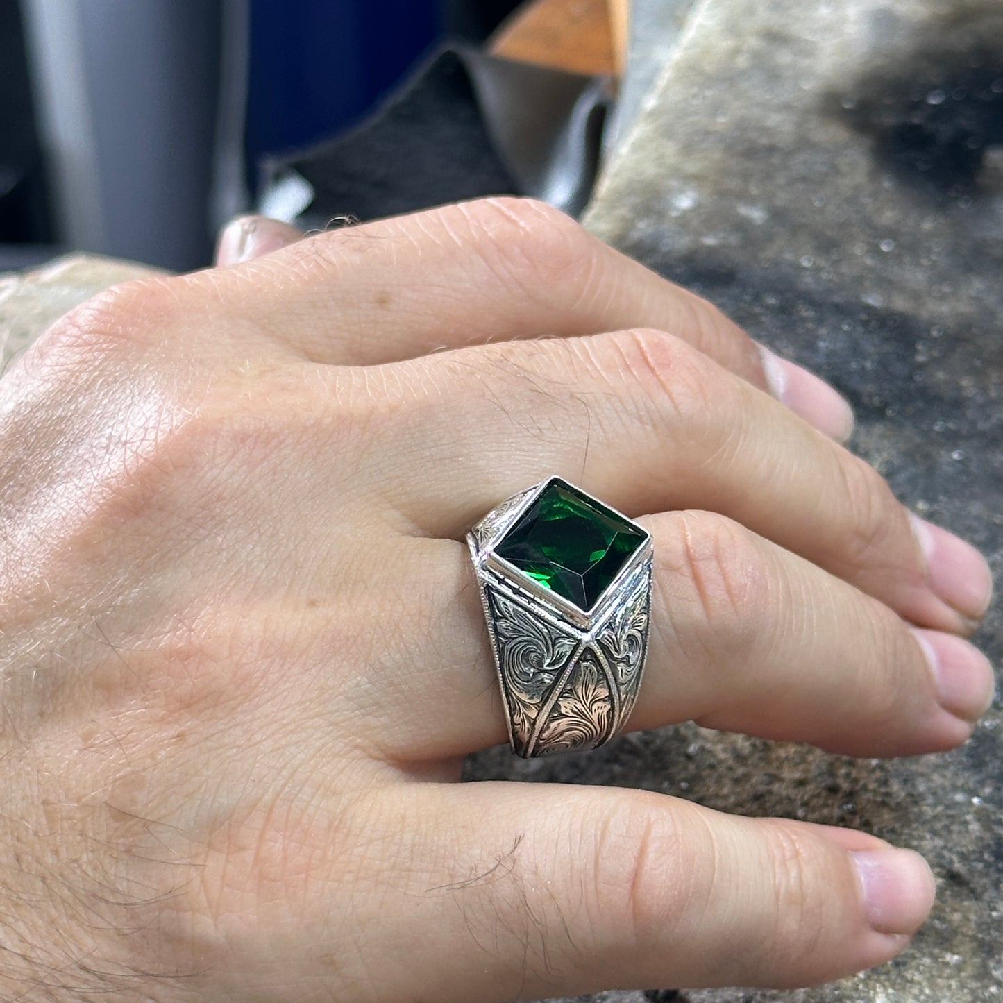 Men Engraved Emerald Gemstone Square Cut Green Stone Ring