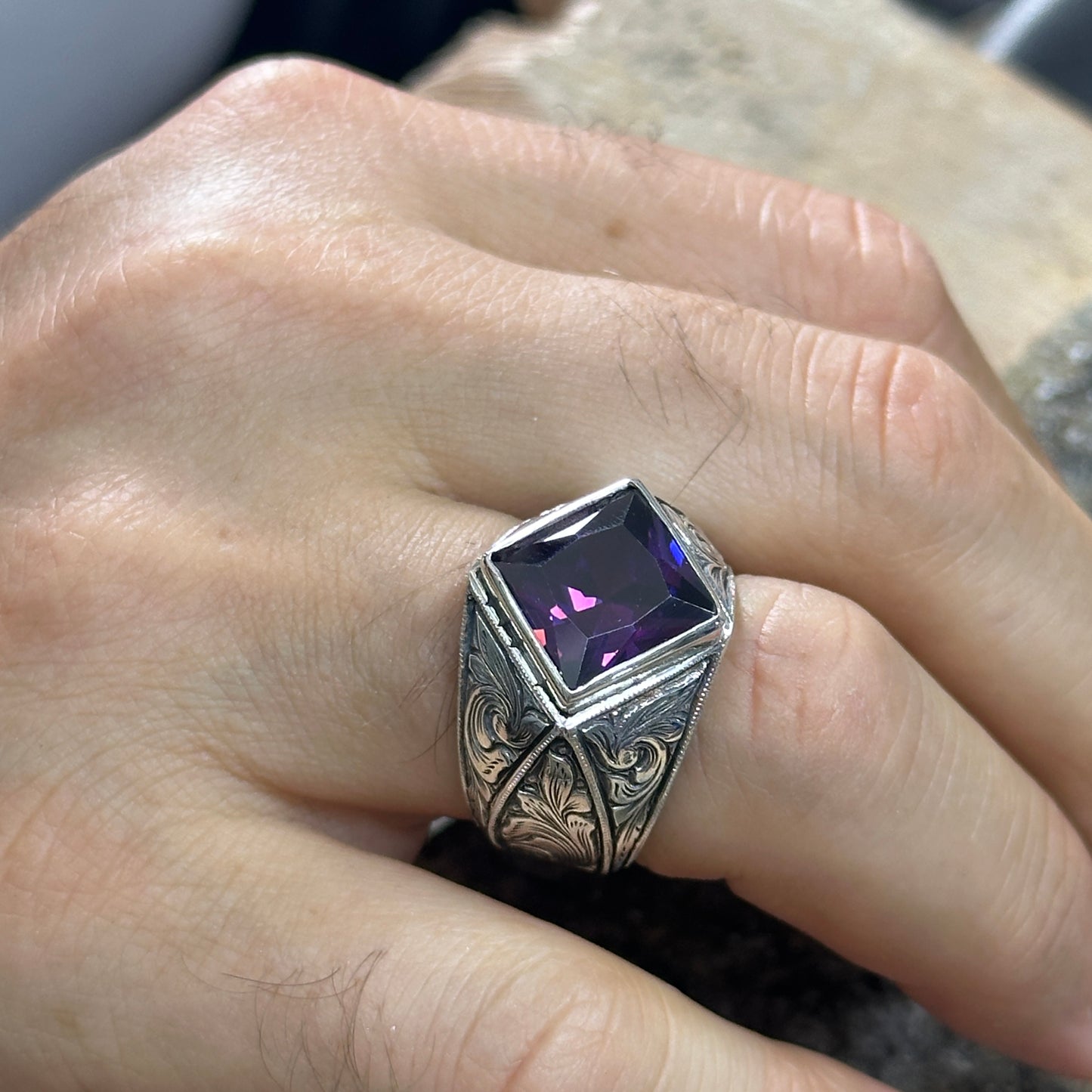 Silver Square Cut Amethyst Engraved Vintage Engagement Ring