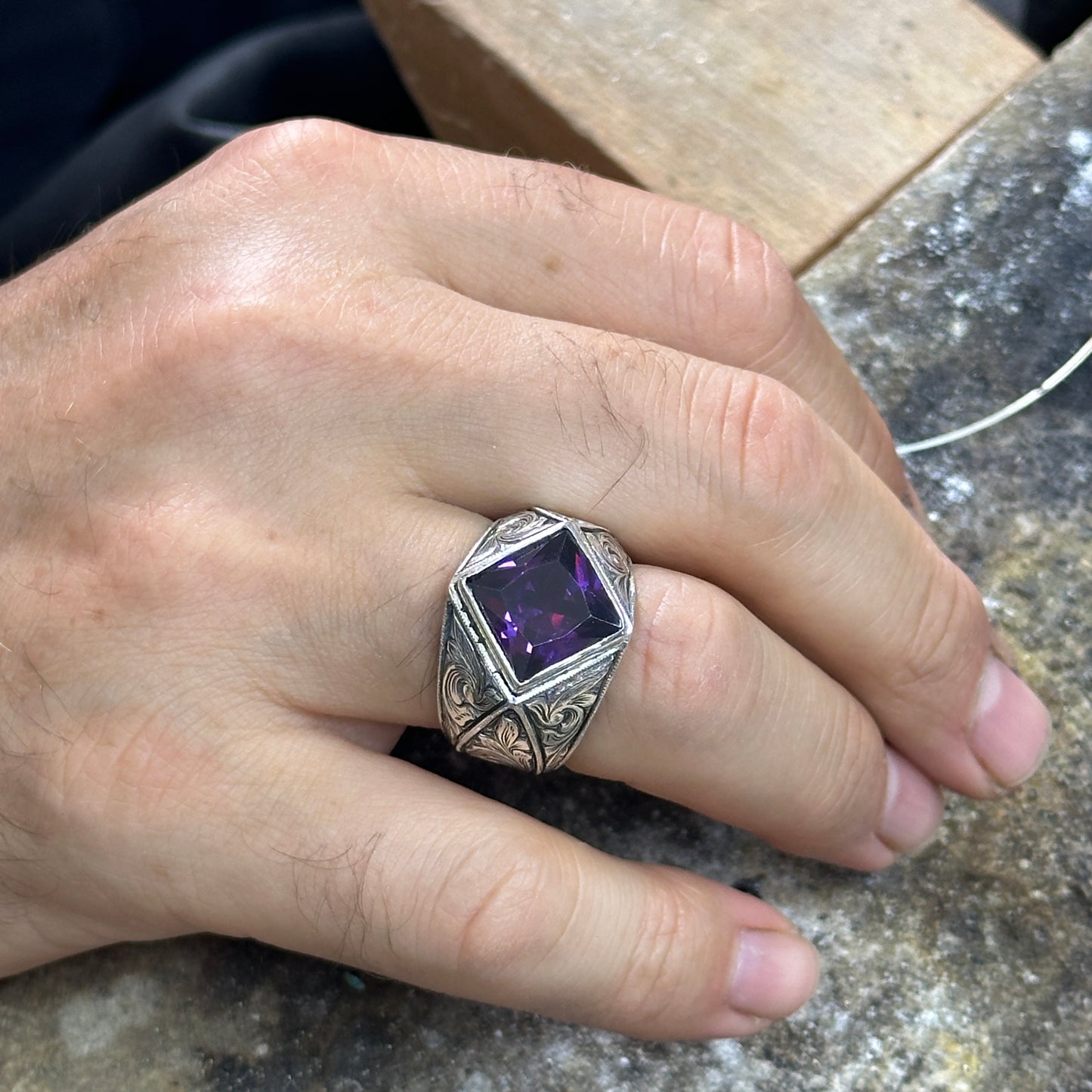 Silver Square Cut Amethyst Engraved Vintage Engagement Ring