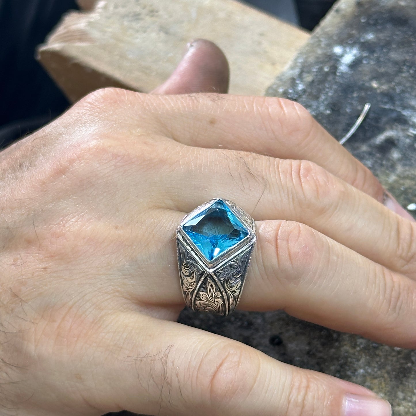 Men Handmade Square Aquamarine Stone Engraved Ring