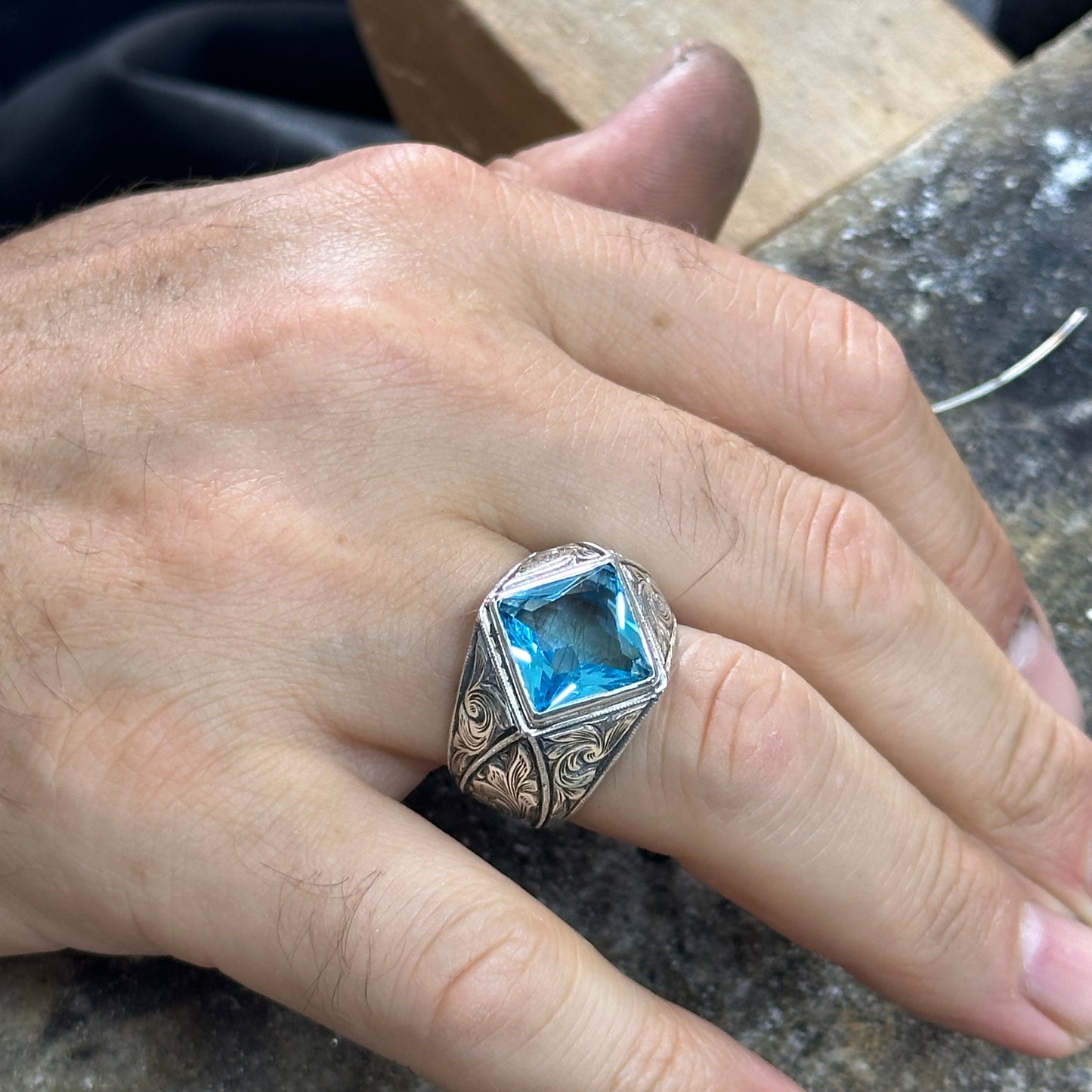 Men Handmade Square Aquamarine Stone Engraved Ring