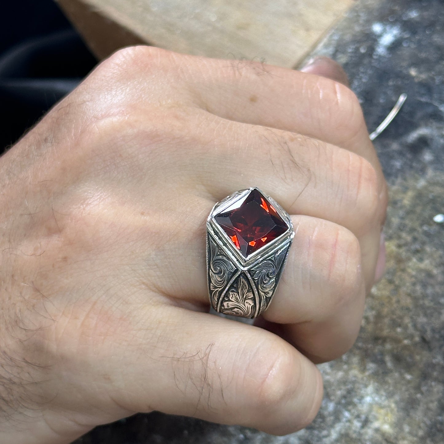 Men Silver Square Engraved Ruby Gemstone Ring