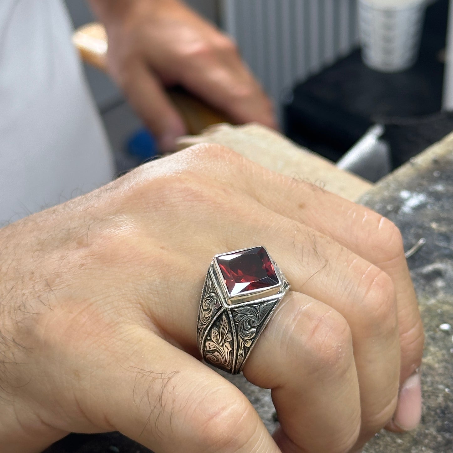 Men Silver Square Engraved Ruby Gemstone Ring