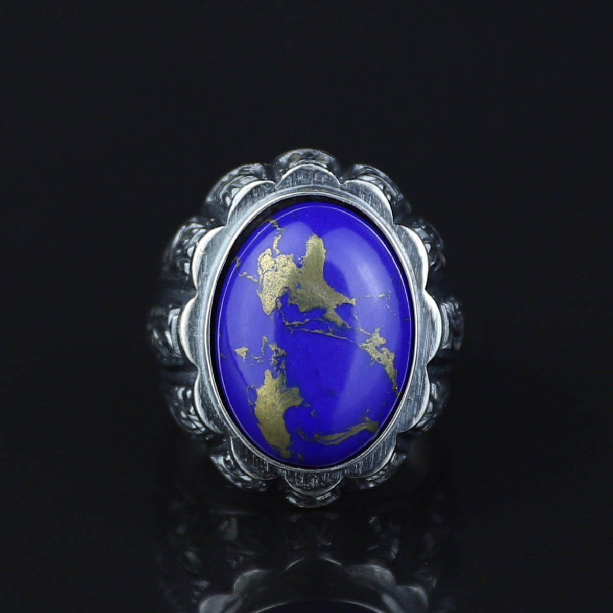 Men Handmade Engraved Natural Lapis Lazuli Gemstone Ottoman Style Ring