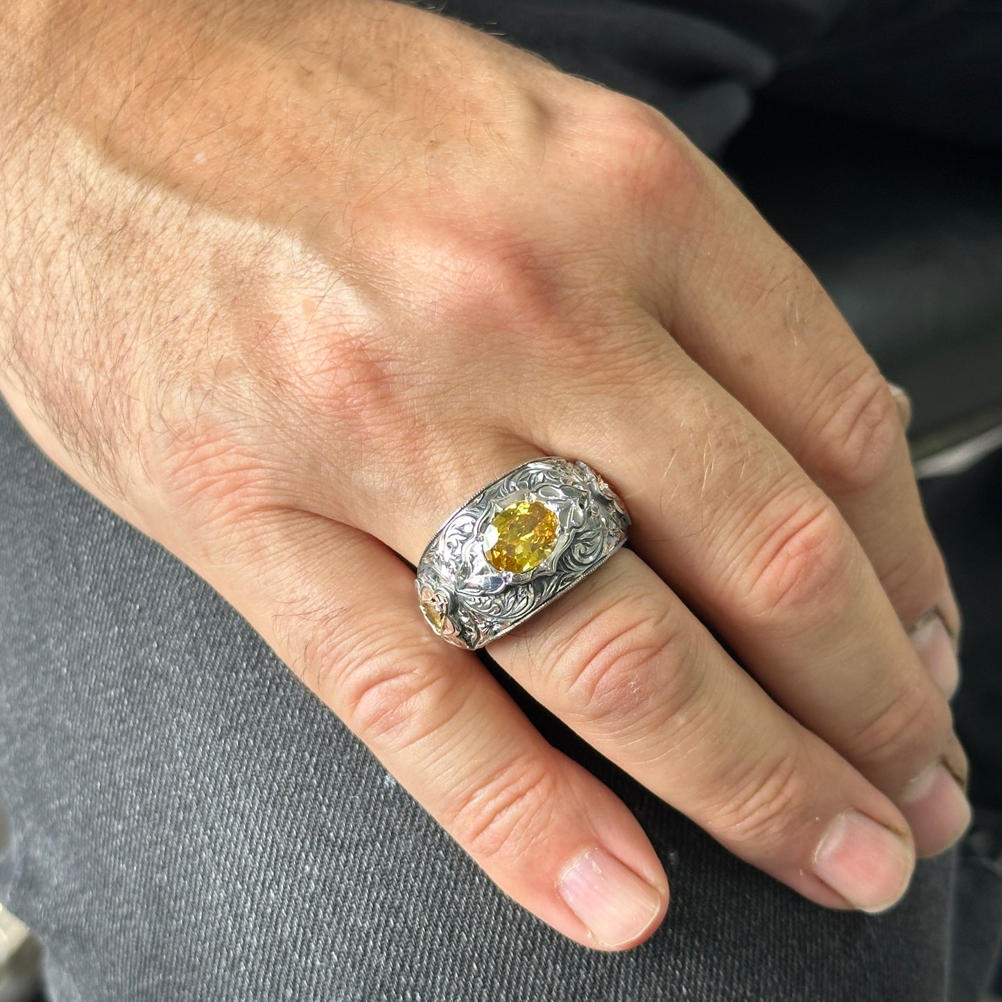 Men Handmade Yellow Citrine Gemstone Engraved Ring