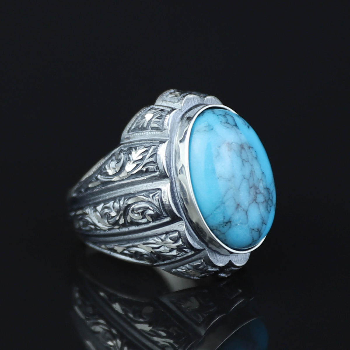 925 Silver Men Handmade Engraved Turkish Ottoman Style Ring