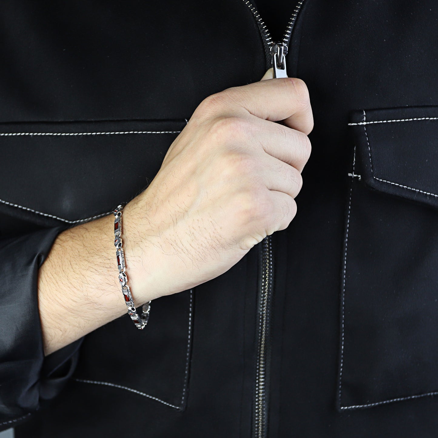 Men Silver Ruby Hand-Engraved Byzantine Chain Bracelet Ruby Link Chain Men Bracelet