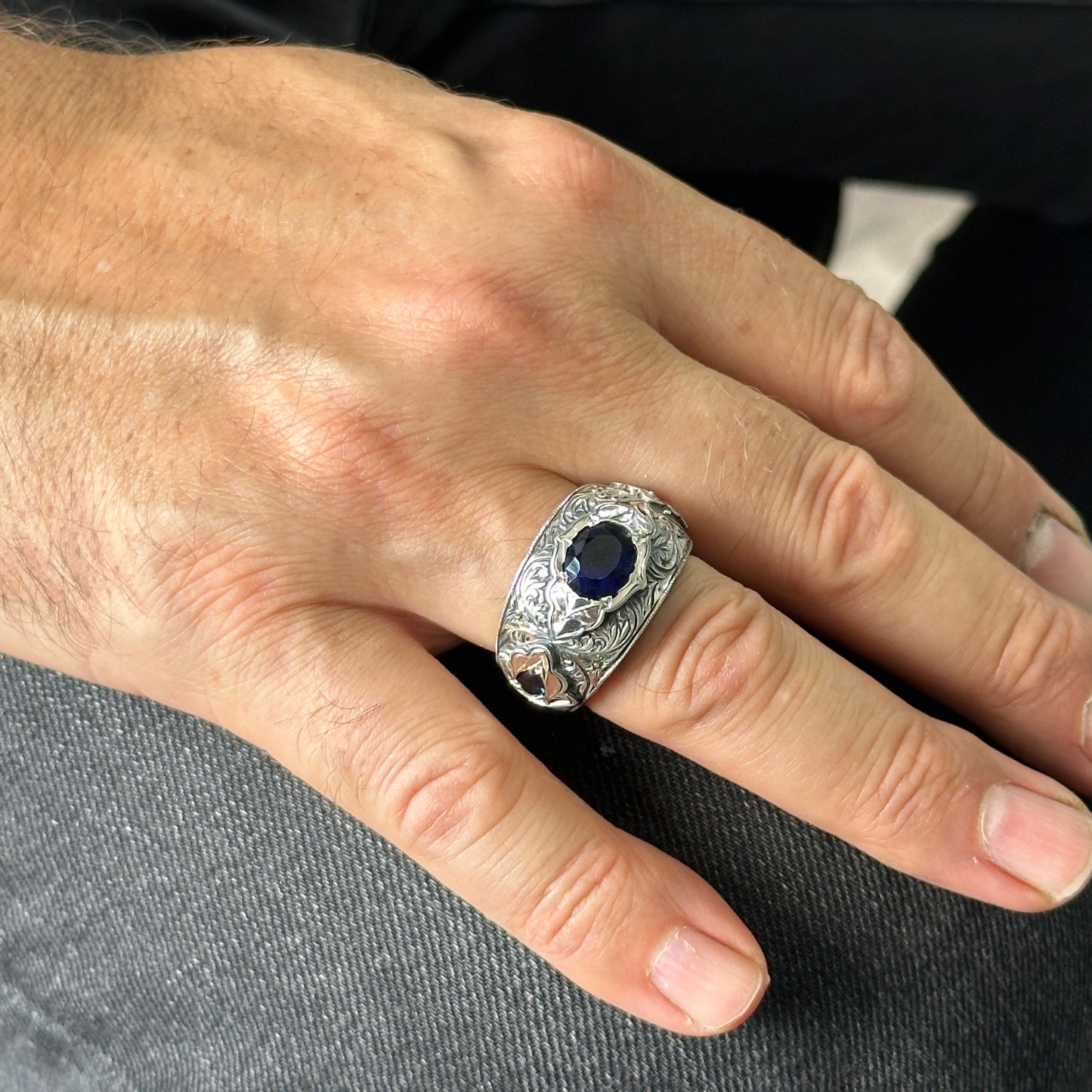 Turkish Men Handmade Blue Sapphire Stone Band Ring