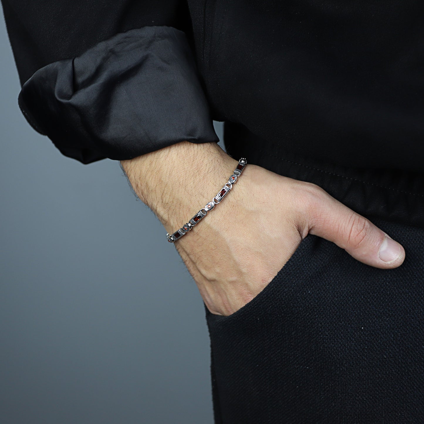 Men Silver Ruby Hand-Engraved Byzantine Chain Bracelet Ruby Link Chain Men Bracelet